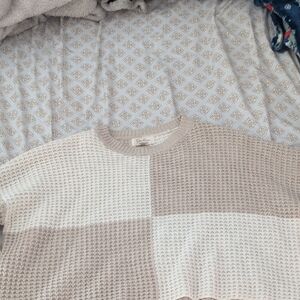 Neutral Colorblock Waffle Knit Sweater - Cream & Tan